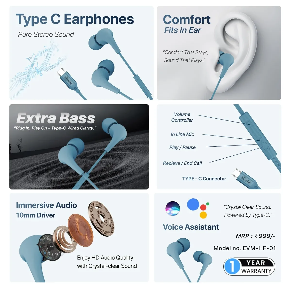 EVM Type-C Earphone (EVM-HF-01) Blue view 4